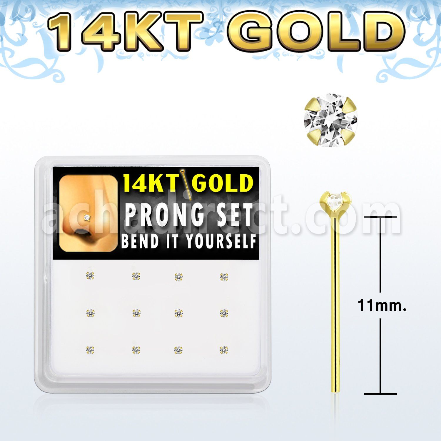 box w 14kt gold bend it nose studs w 1.5mm prong set czs