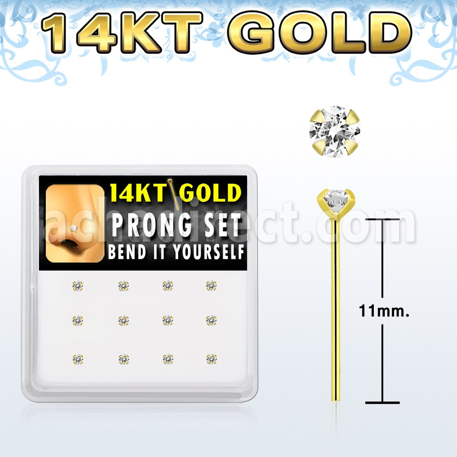 box w 14kt gold bend it nose studs w 2mm prong set czs