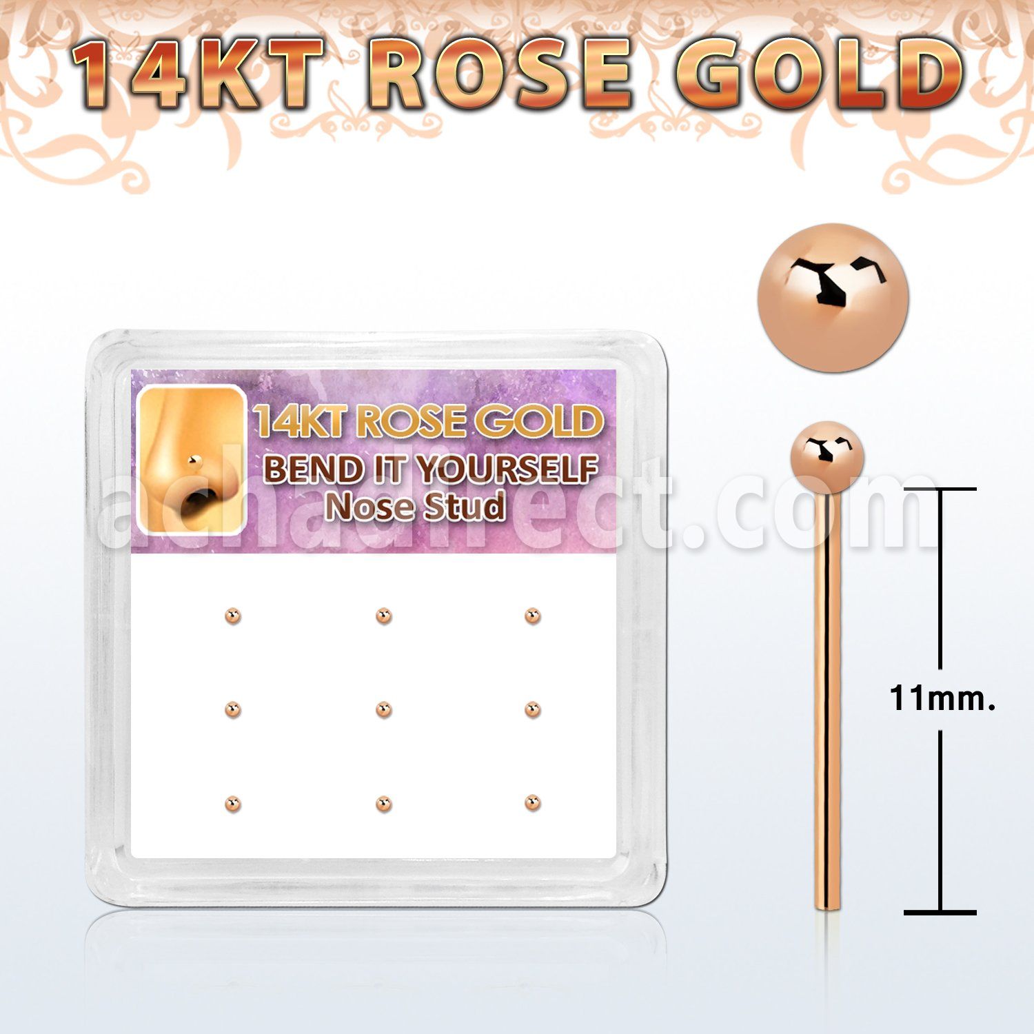 box w 14kt rose gold nose bend it nose stud w 1.5mm ball