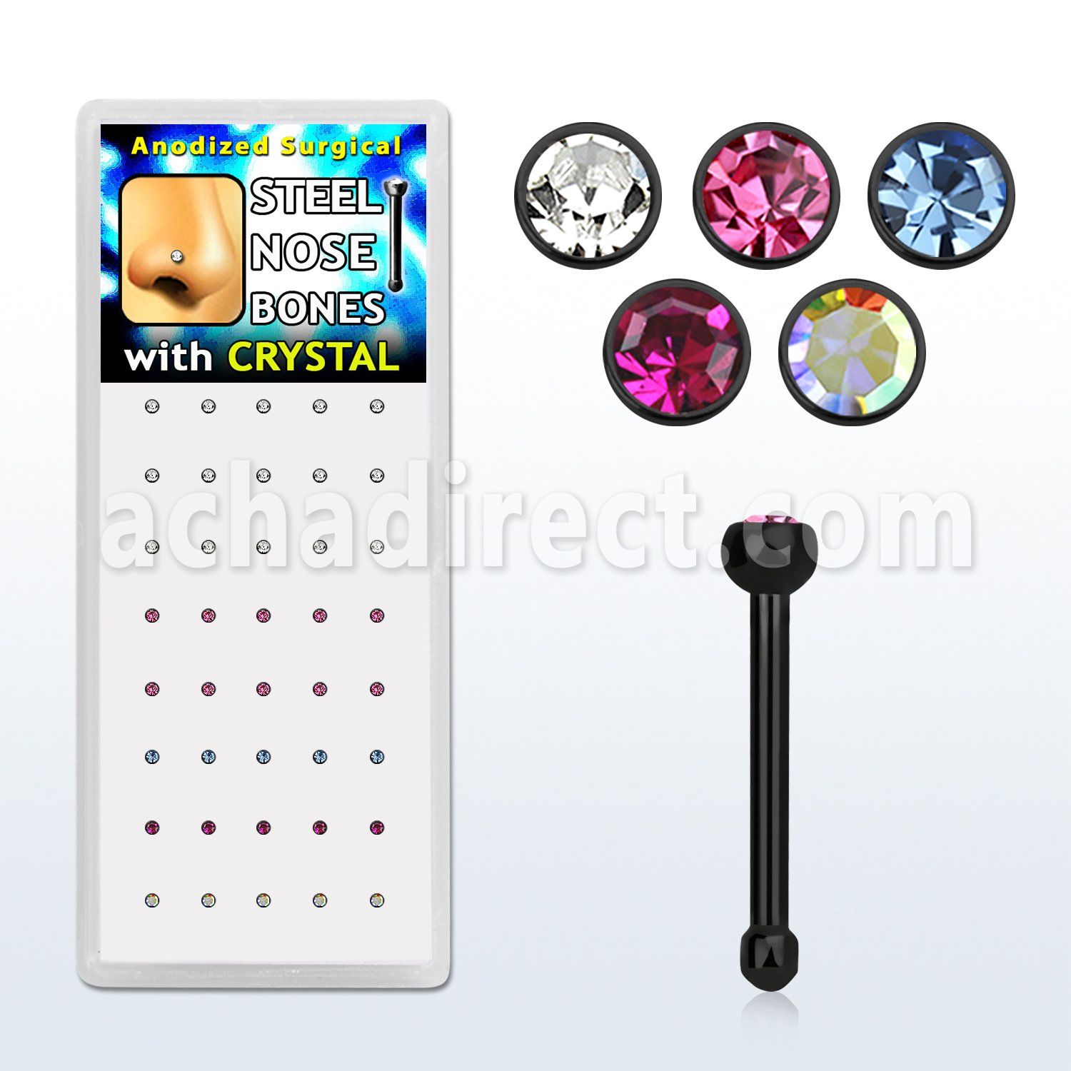 box w 40 black steel nose bone 20g w round crystal tops