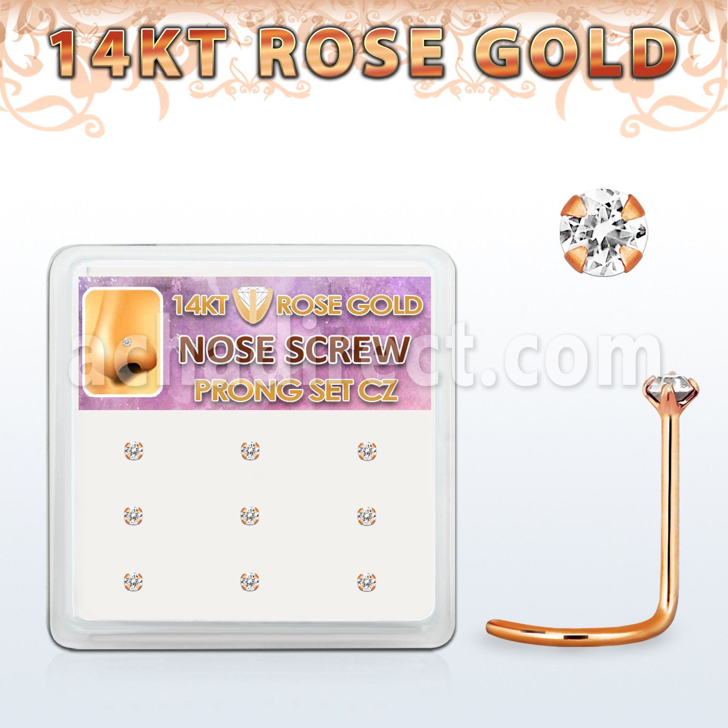 box w 9 rose gold nose screws w 2mm prong set clear czs