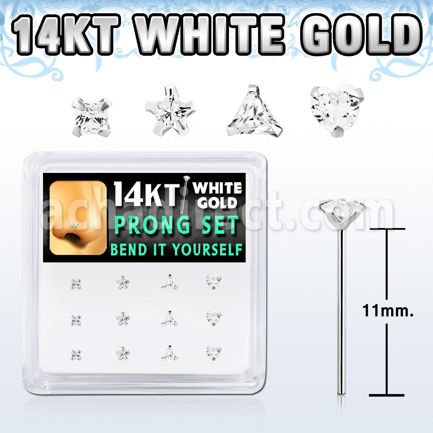 box w white 14kt gold bend it nose studs w mix shaped czs