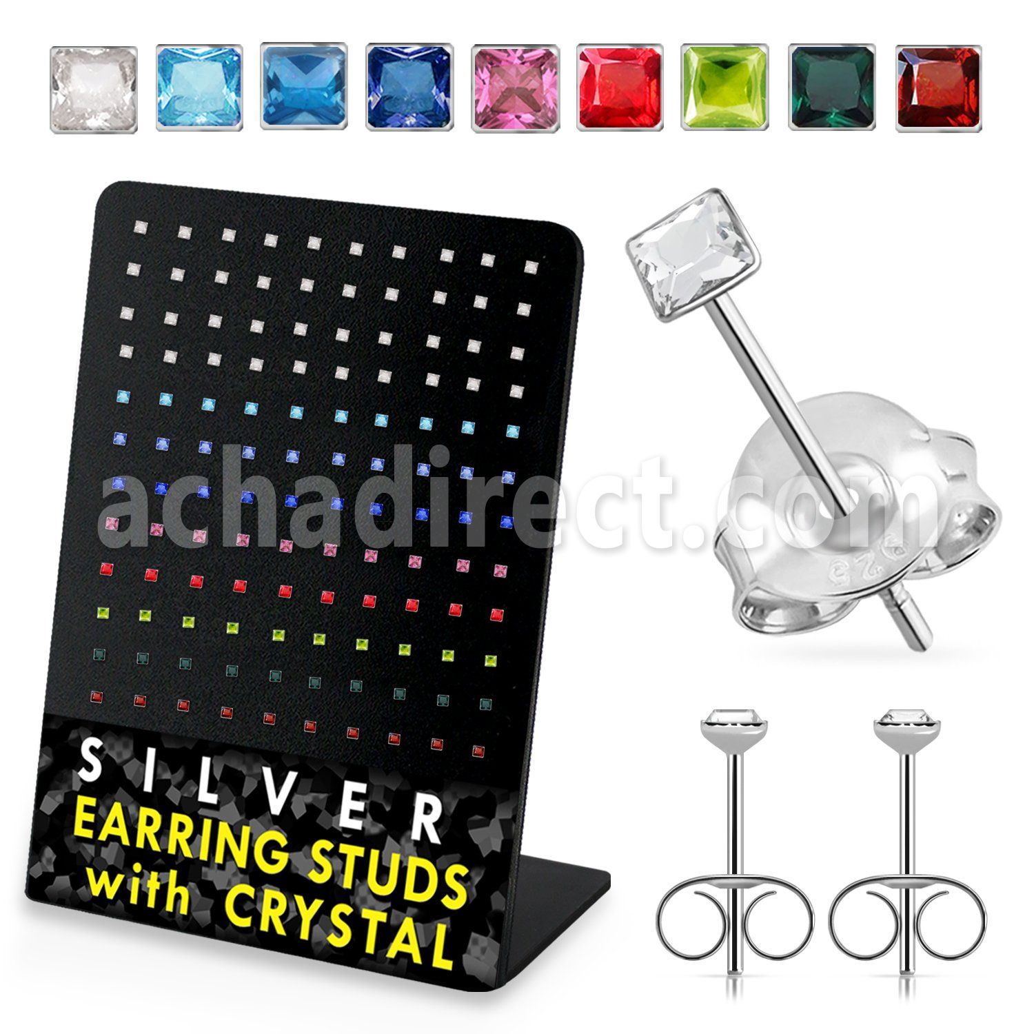 br067 silver earstud with square assorted colored crystal top