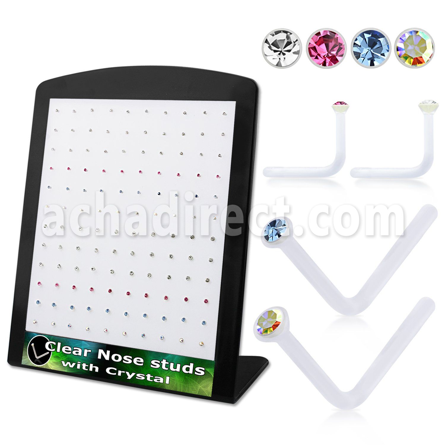 brac14 board of clear acrylic nose stud with round crystal top