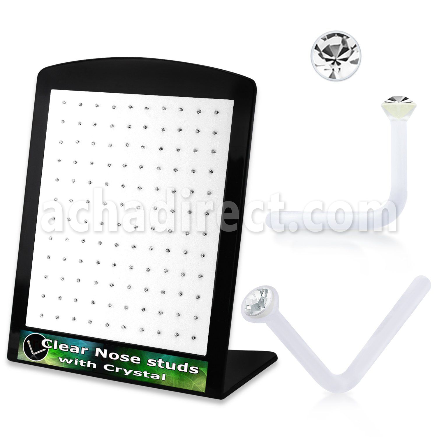 brac3 board of clear acrylic nose stud with clear crystal top