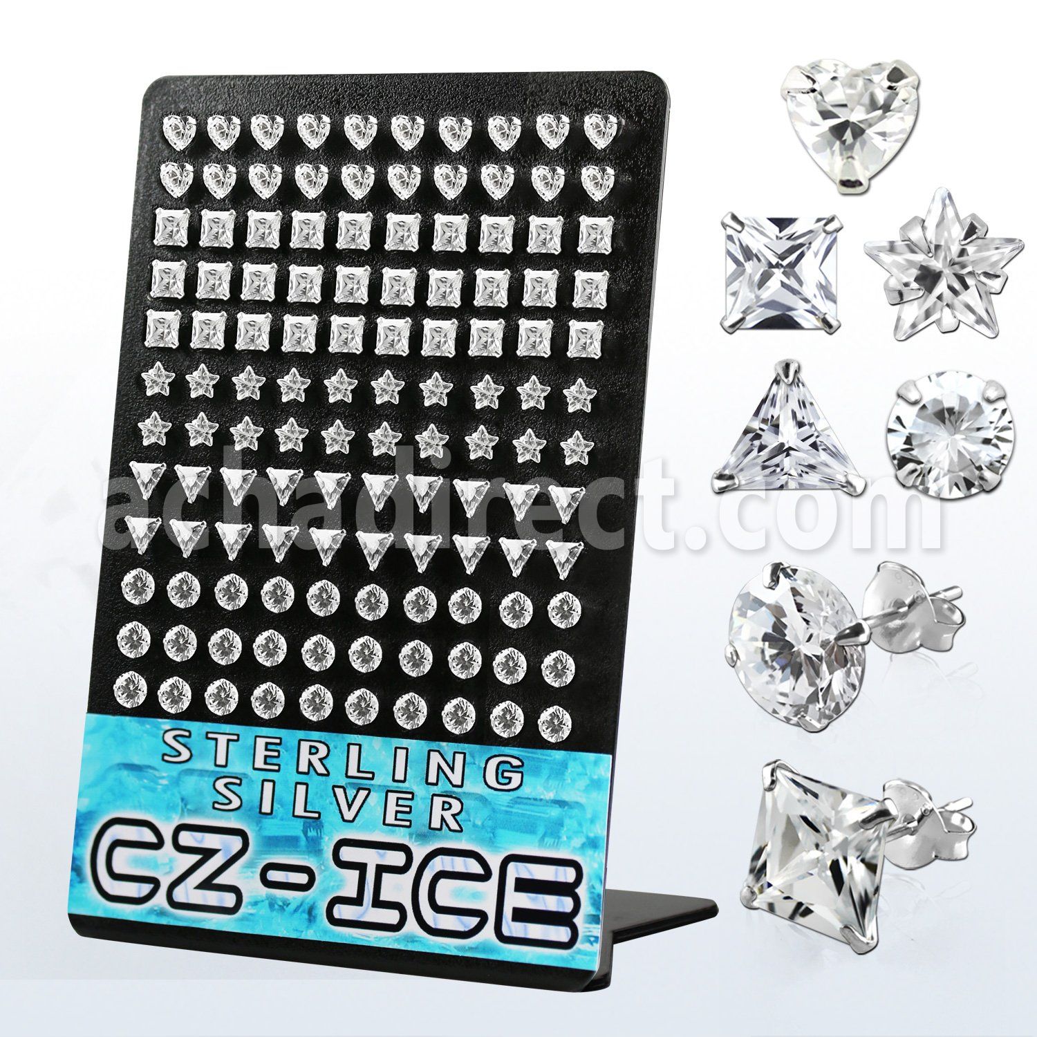 brczsh silver ear stud w clear prong assorted shaped cz stones