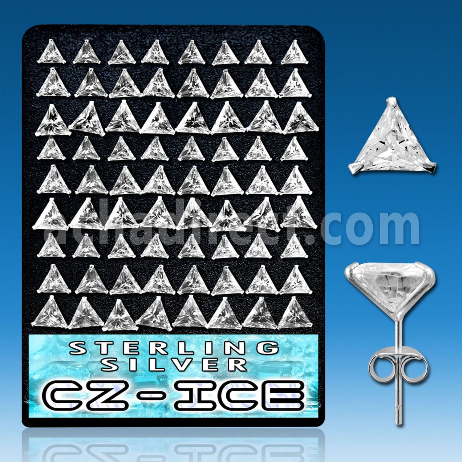 brcztr silver ear stud with clear prong set triangle cz stones