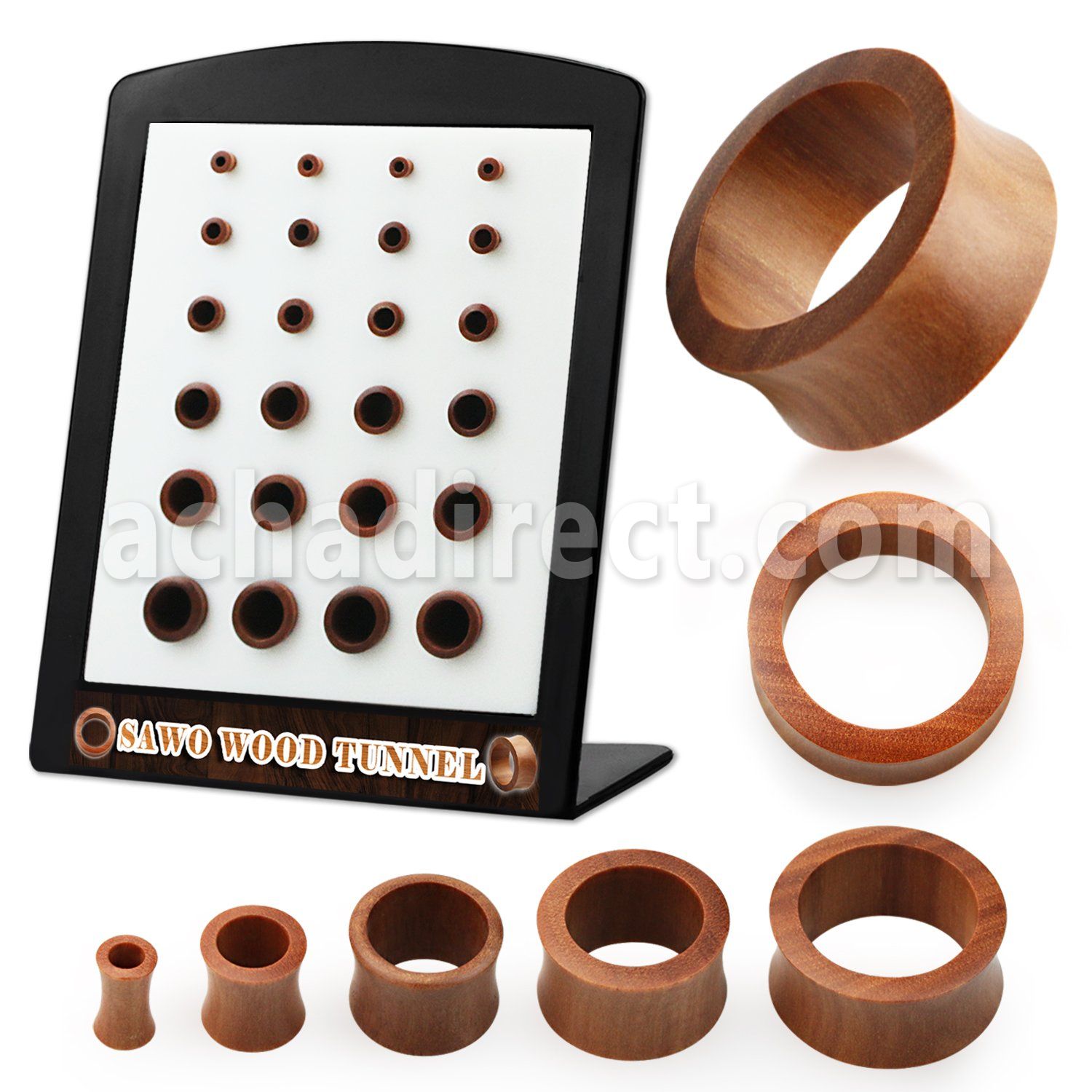 brdpws display w 24 pcs of double flare sawo wood flesh tunnels