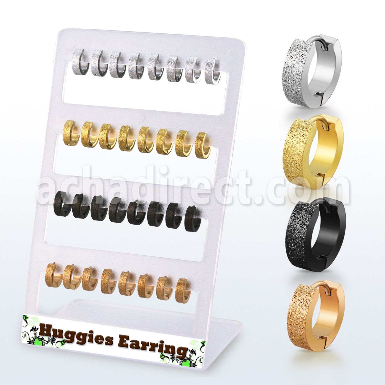 brer32 display w black, rose gold steel huggie w frosted effect