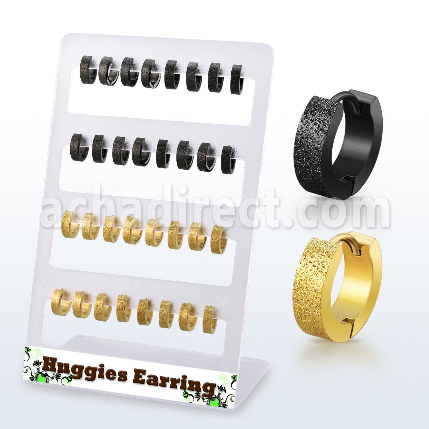 brer33 display w black and gold steel huggie w frosted effect