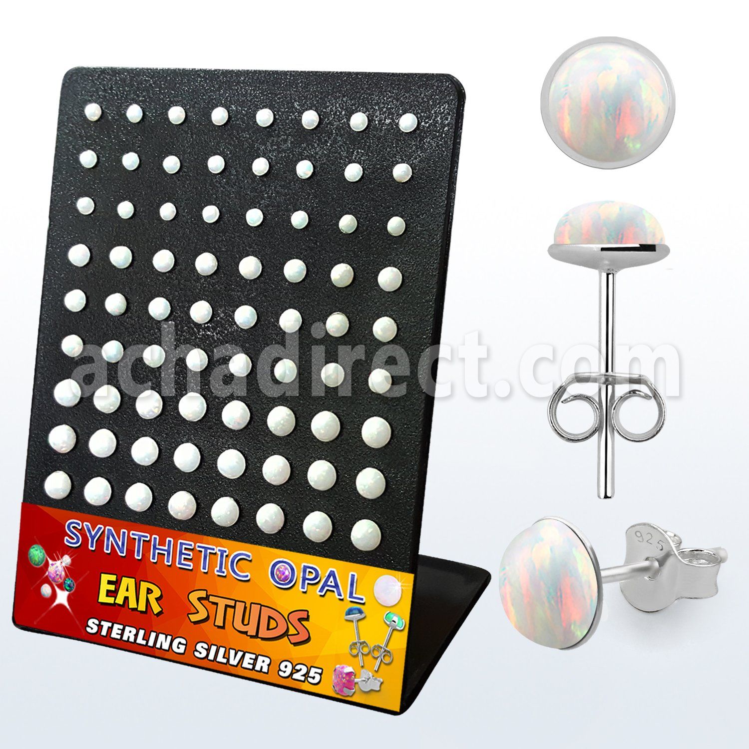 brevo1 board w siver ear studs w white synthetic opals