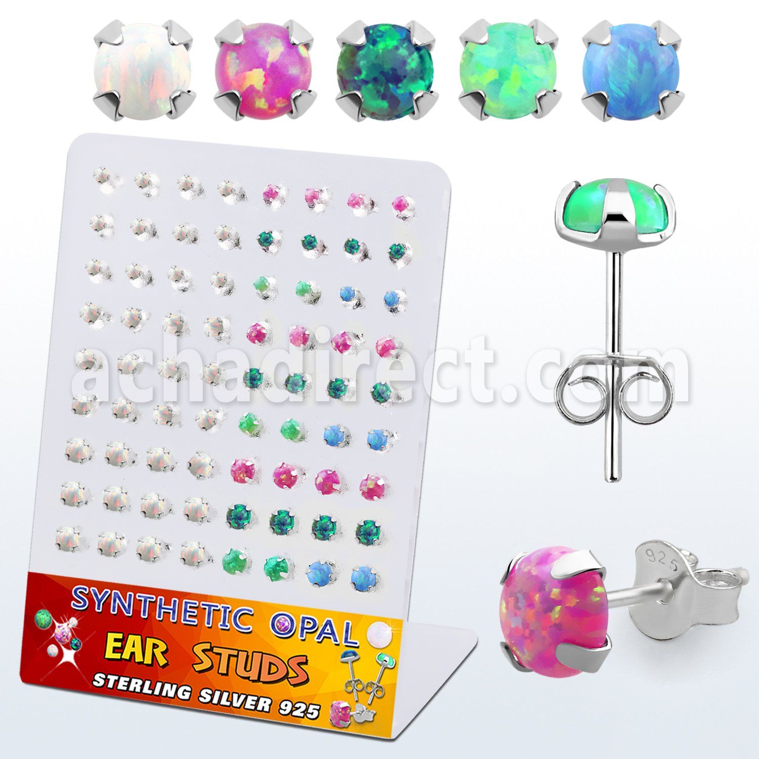 brevpo2 board w silver ear studs w mix prong set synthetic opal