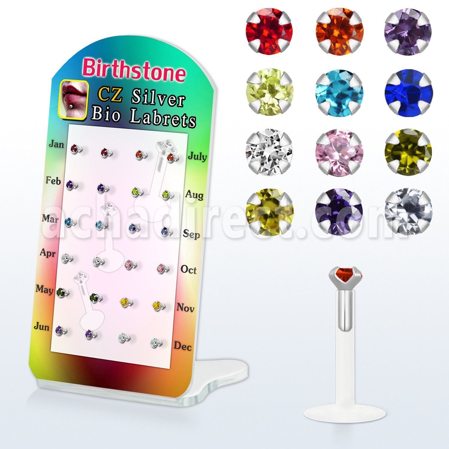 brlbi30 bioflex labret with prong round cz birth stones