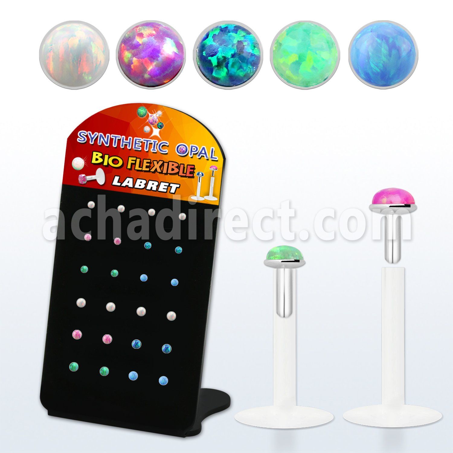 brlbi47 display w bio flex labrets w 1.5mm 2mm synthetic opals