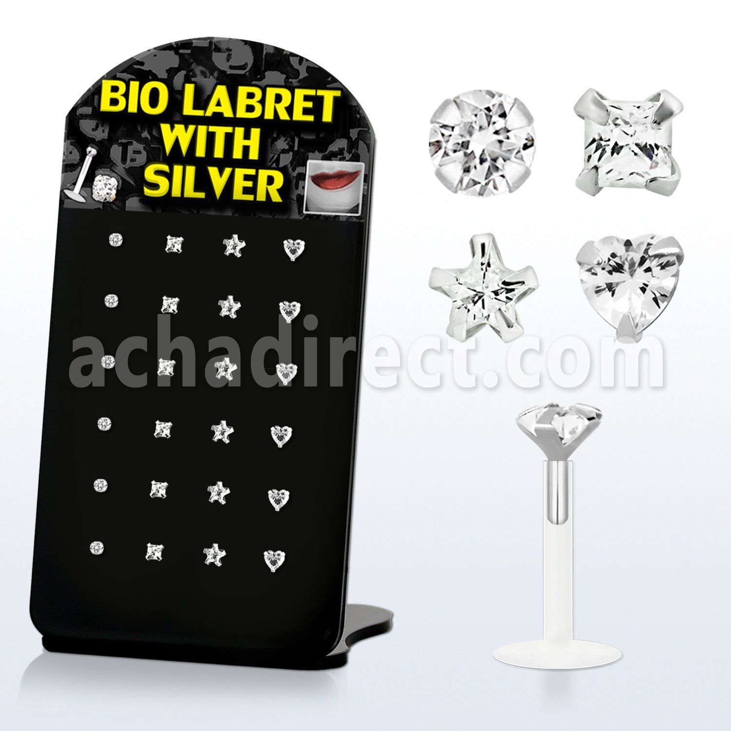 brlbi4 bioflex labret with prong assorted shaped cz stone