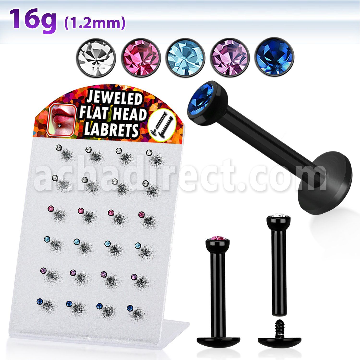 brlbkm black anodized 316l labret w jewel head thread plate
