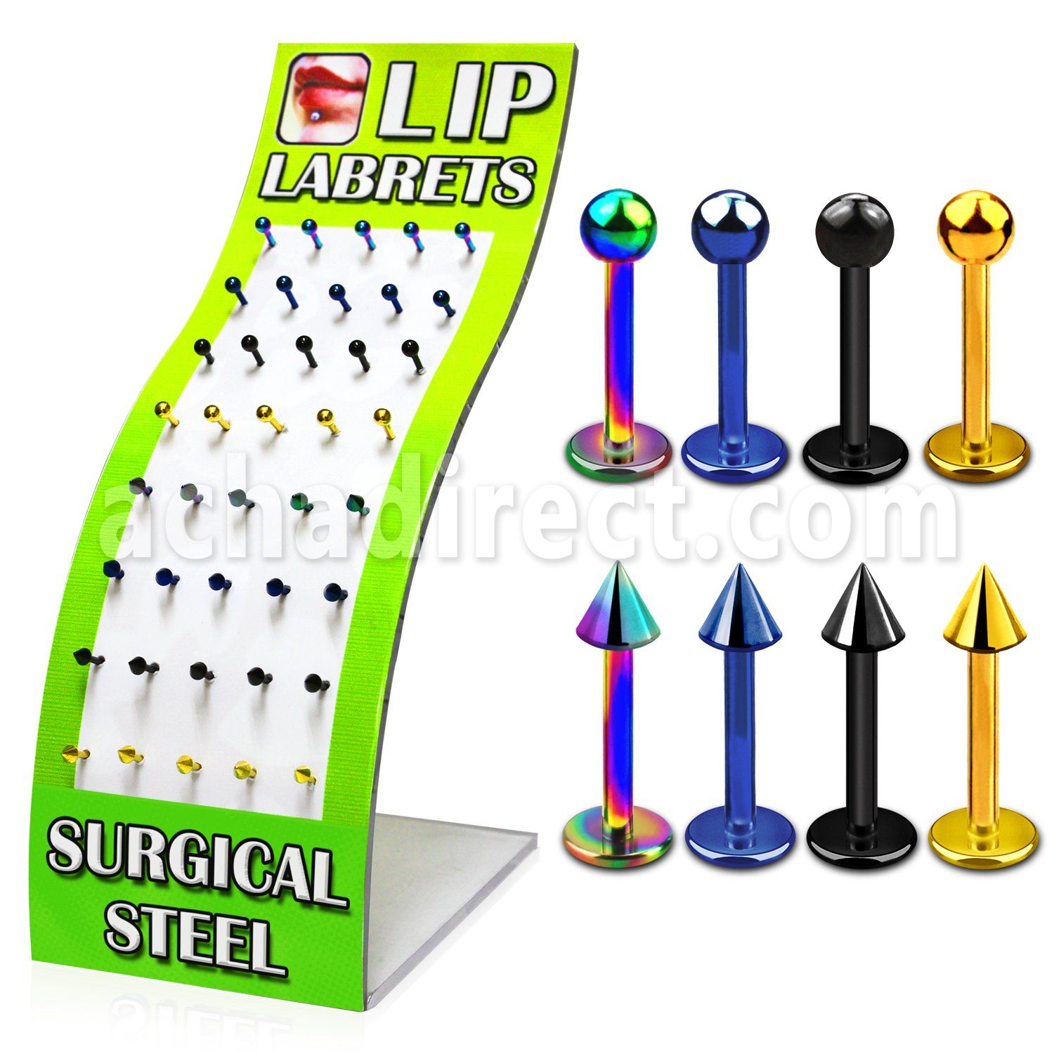 brmlb9 display of anodized 316l labret with 3mm balls cones