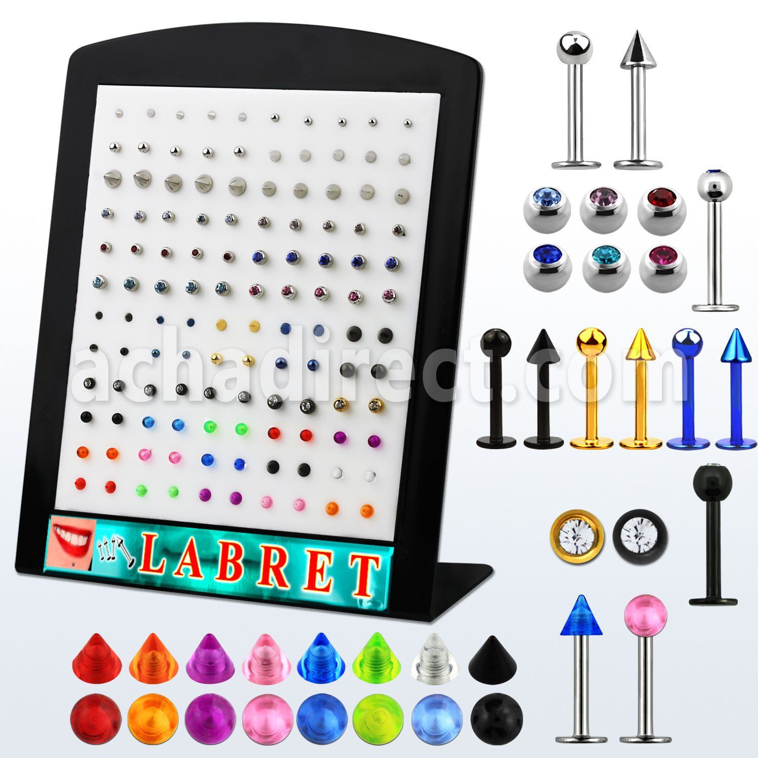 brmlb 316l steel labret with assorted 3mm ball cone