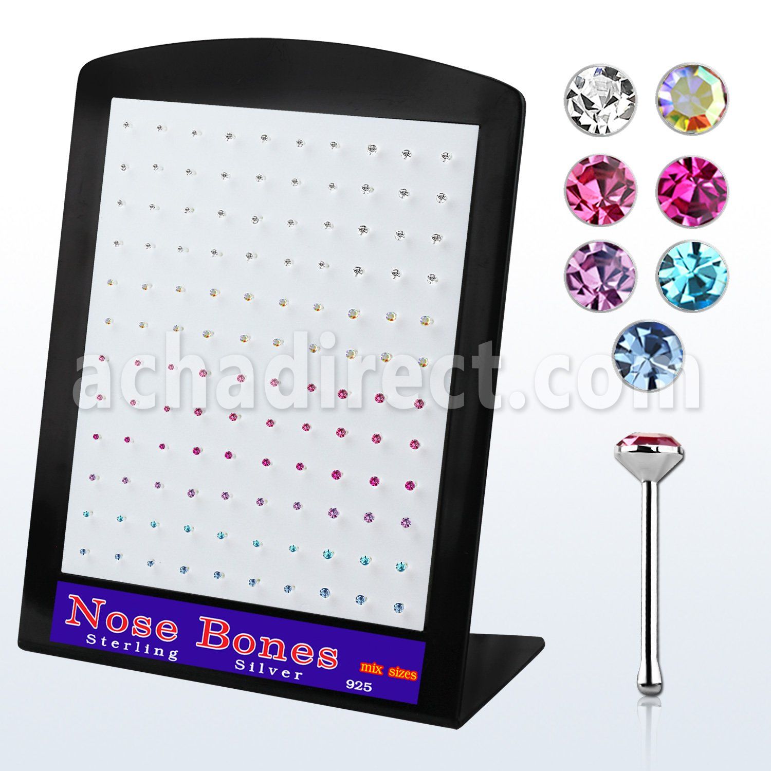 brnbmm silver nose bone with round assorted colored crystal top