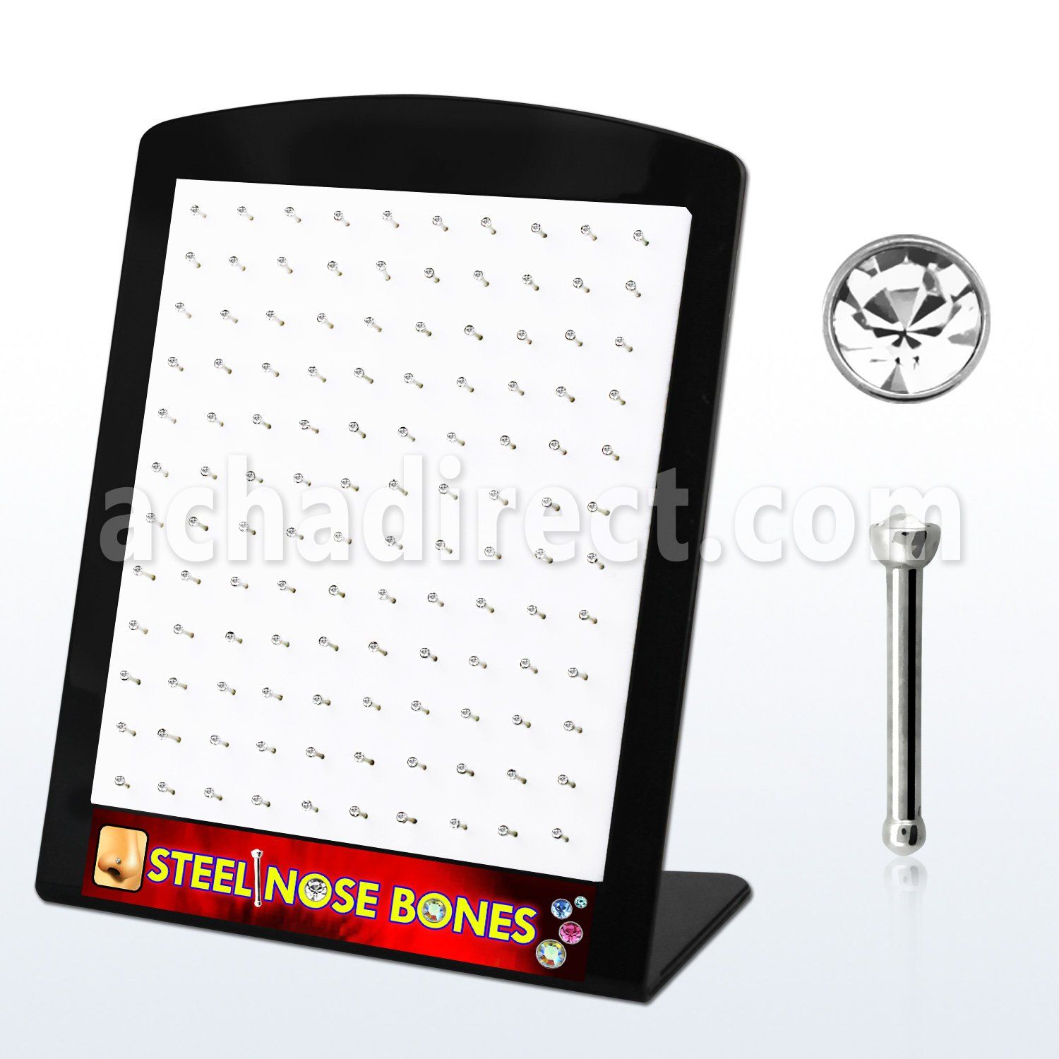 brnbs20c board of 316l steel nose bones with 2mm clear crystal