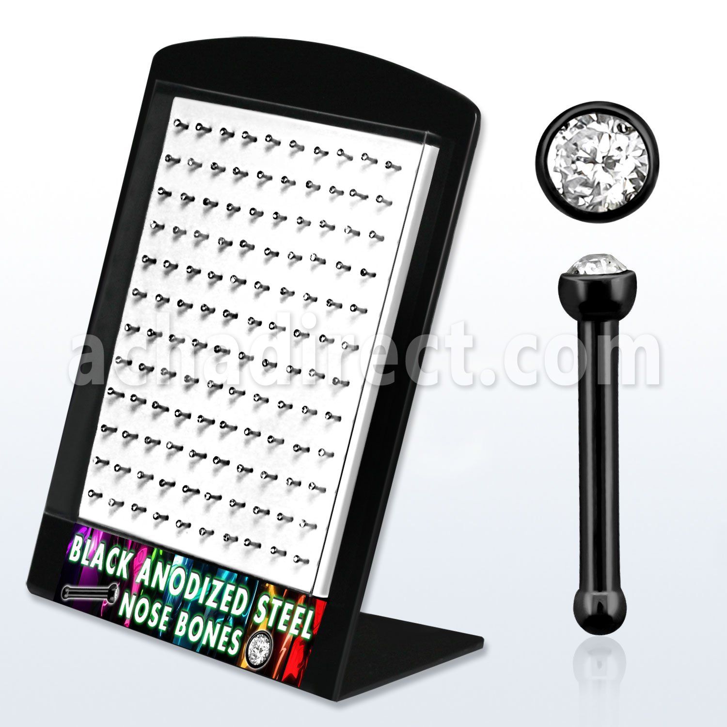 brnbts2 black anodized 316l steel nose bone w clear crystal top