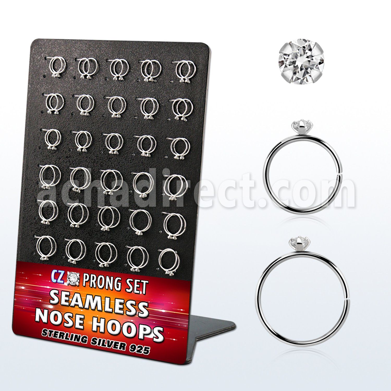 brnhm26 board w 60 silver seamless nose hoop w 2mm clear cz