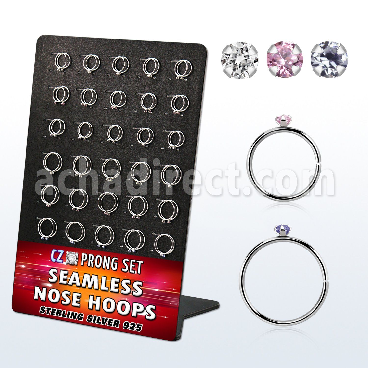 brnhm29 board w 60 silver seamless nose hoop w 1.5mm color cz