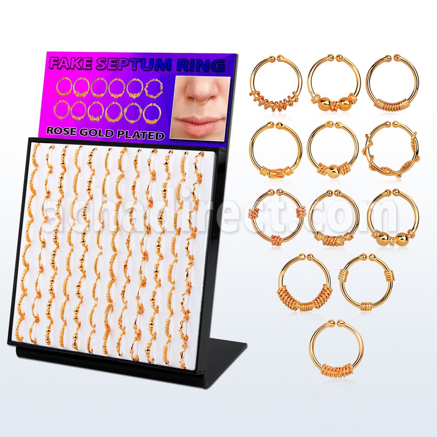 brnhmx20 display w silver fake septum rings w rose gold plating 