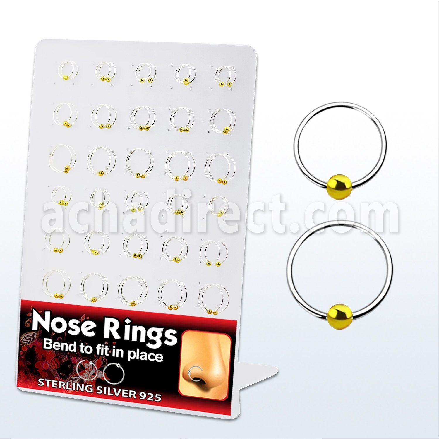 brnhp5 display of sterling silver nose hoops with w o ball