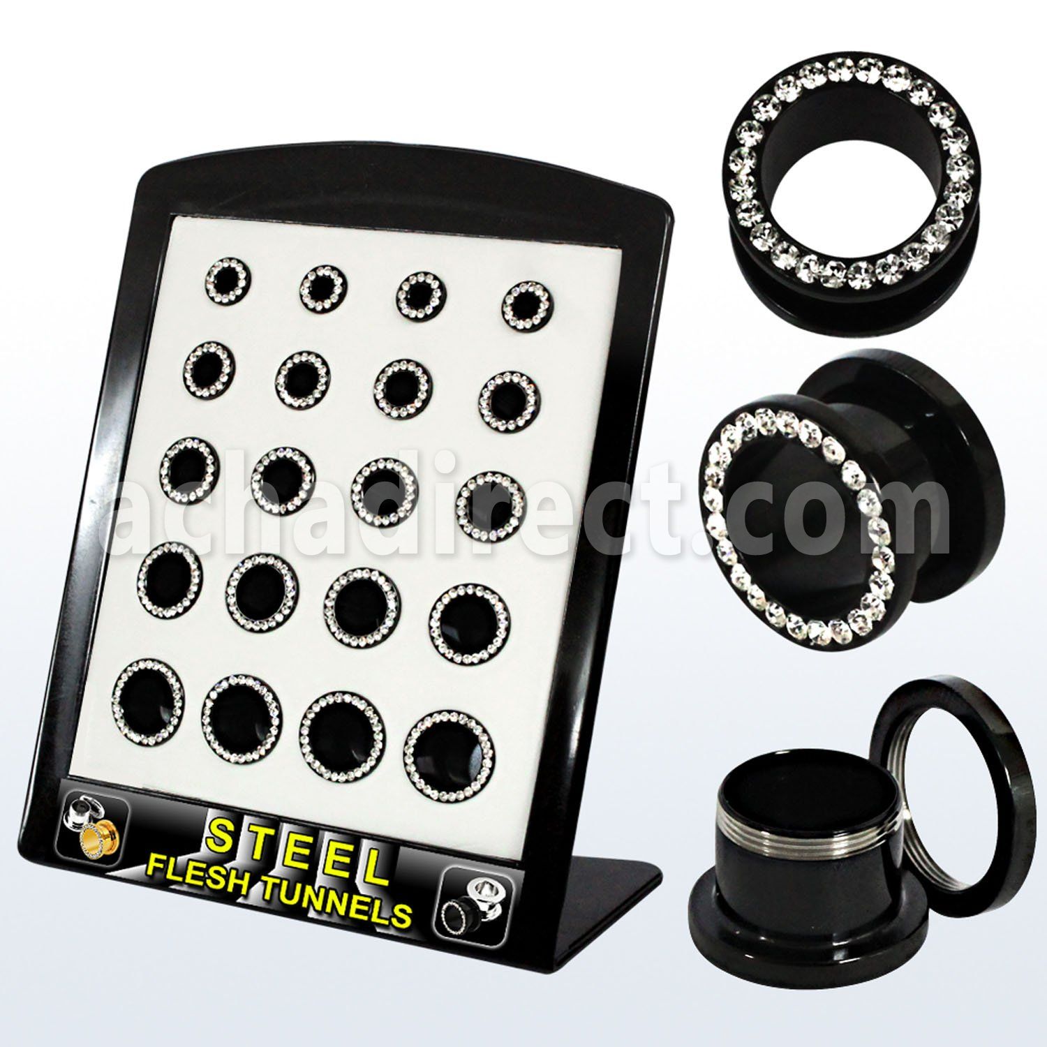 brpg148b board w black pvd 316l flesh tunnel w crystal rim