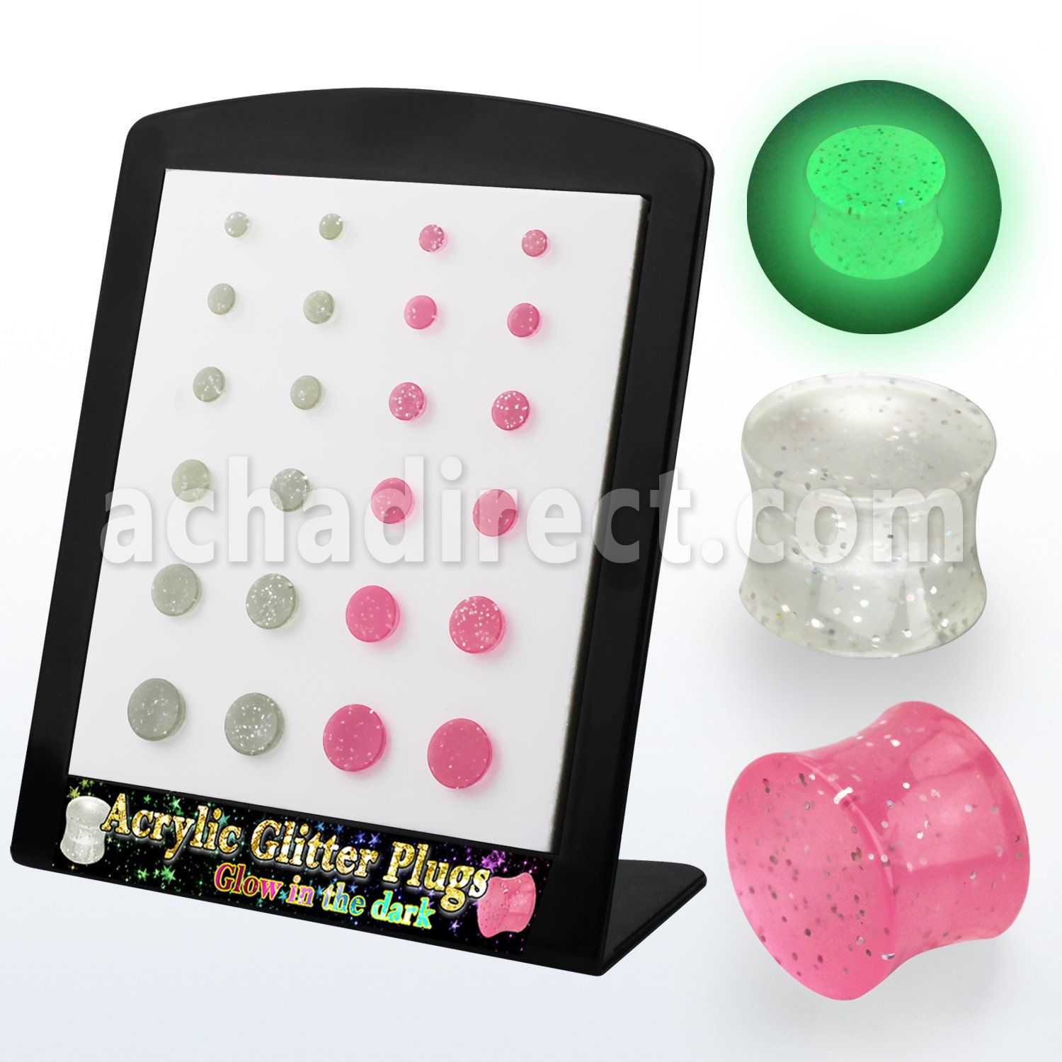 brpg163 board of 3 10mm acrylic glitter luminous plug