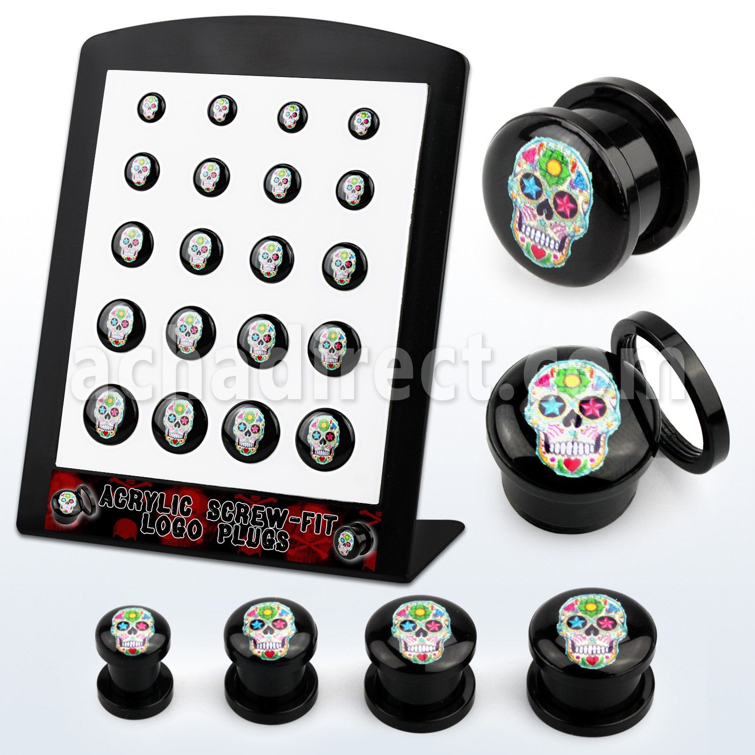brpg173 board black acrylic screwfit plug w sugar skull on black