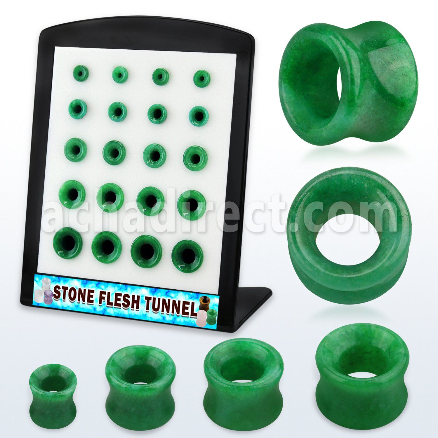 brpg191 display w of double flared green jade stone flesh tunnel