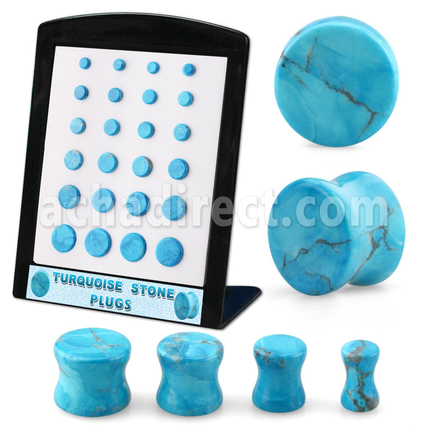brpg211 display 24 pcs of turquoise double flared stone plugs
