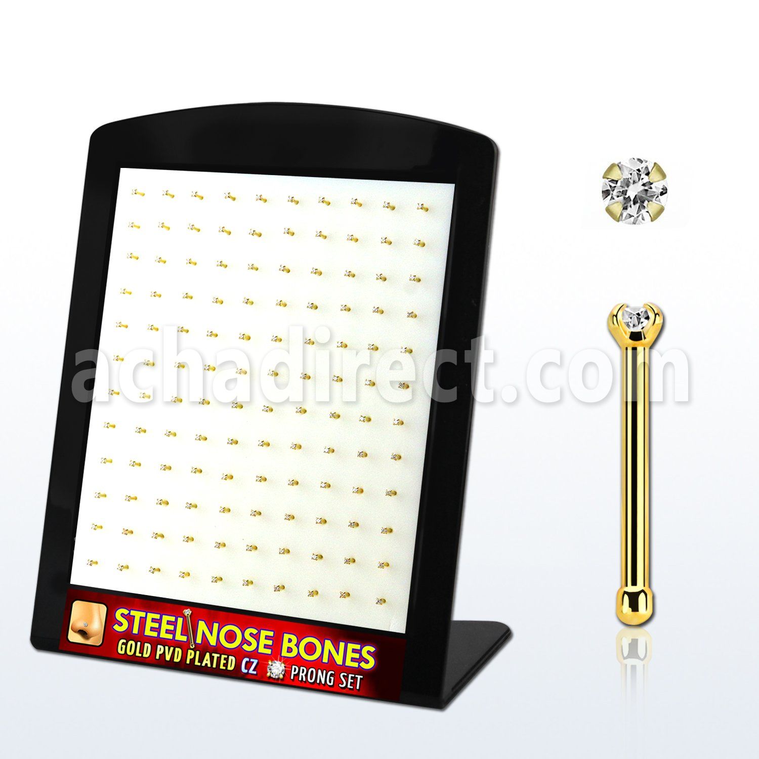 brs124 display w gold plated steel nose bones w 1.5mm clear czs