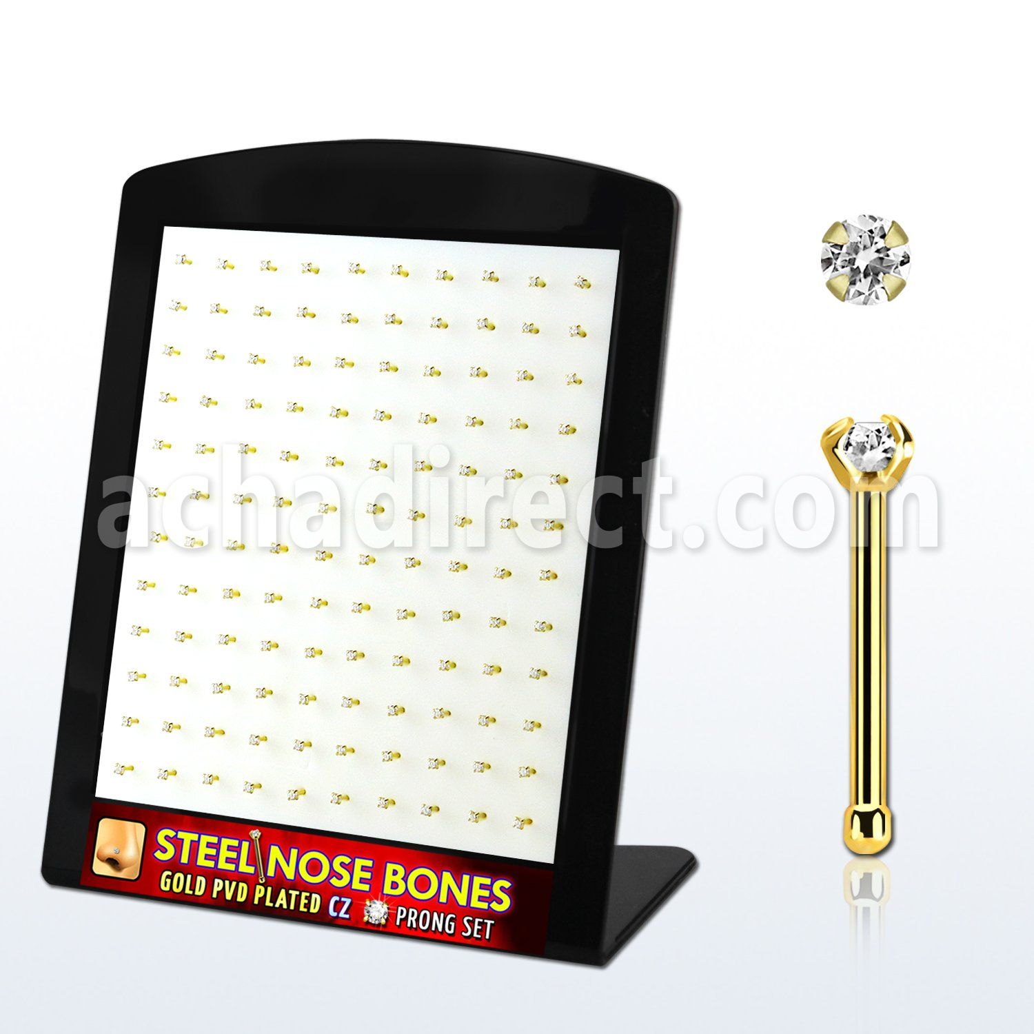 brs125 display w gold plated steel nose bones w 2mm clear czs