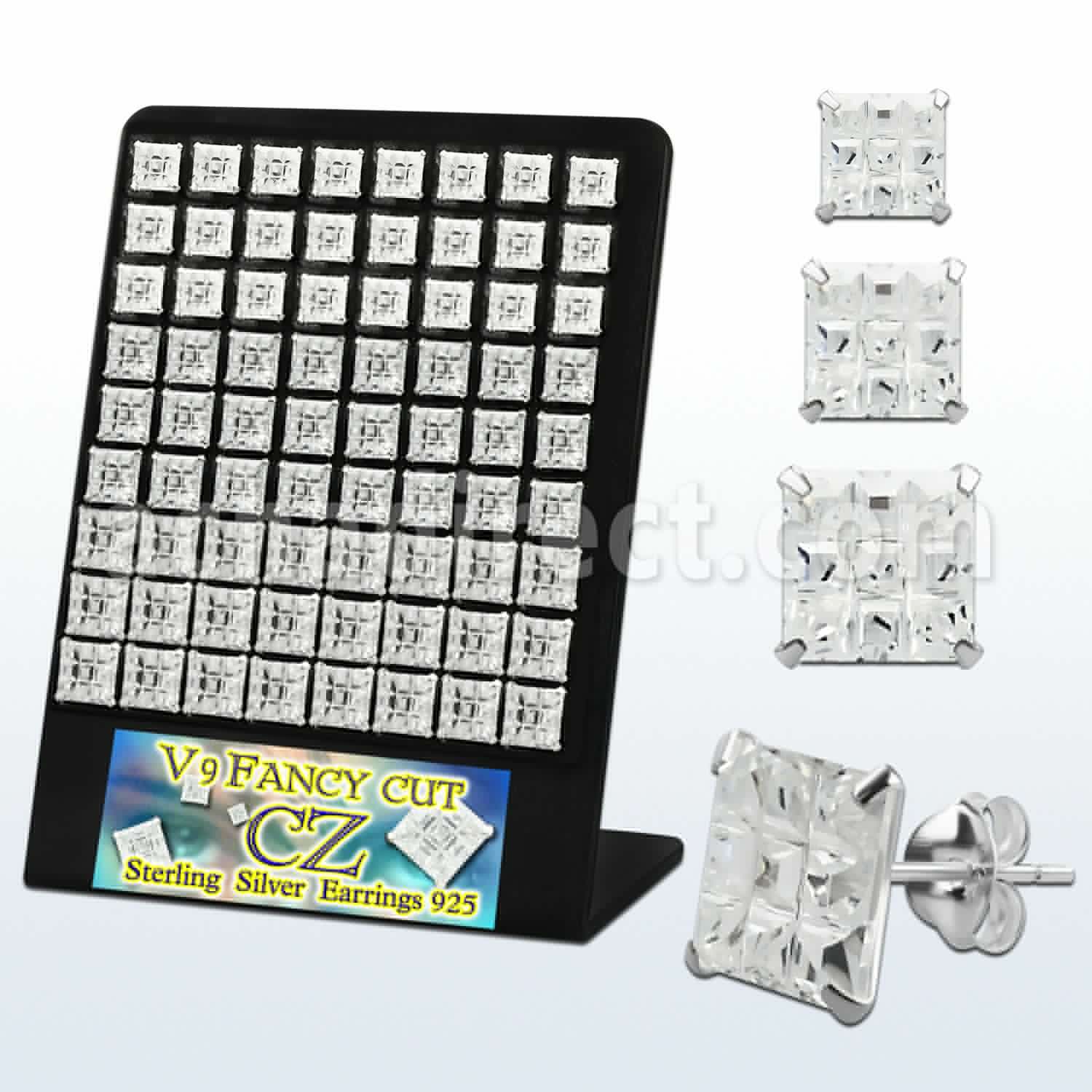 brsqv9 board of silver ear studs with clear prong set cz