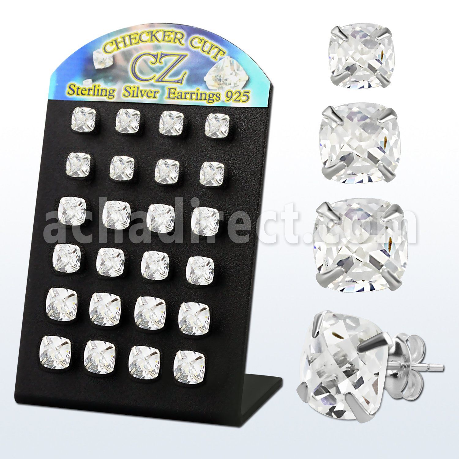 brssqf silver ear stud w prong square checkered cut cz stone