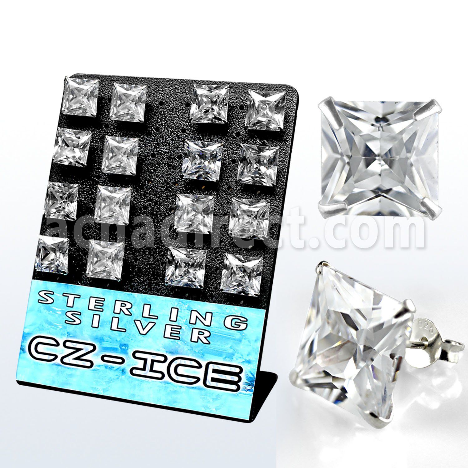 brszq12 silver ear stud with 12mm clear prong square cz stone