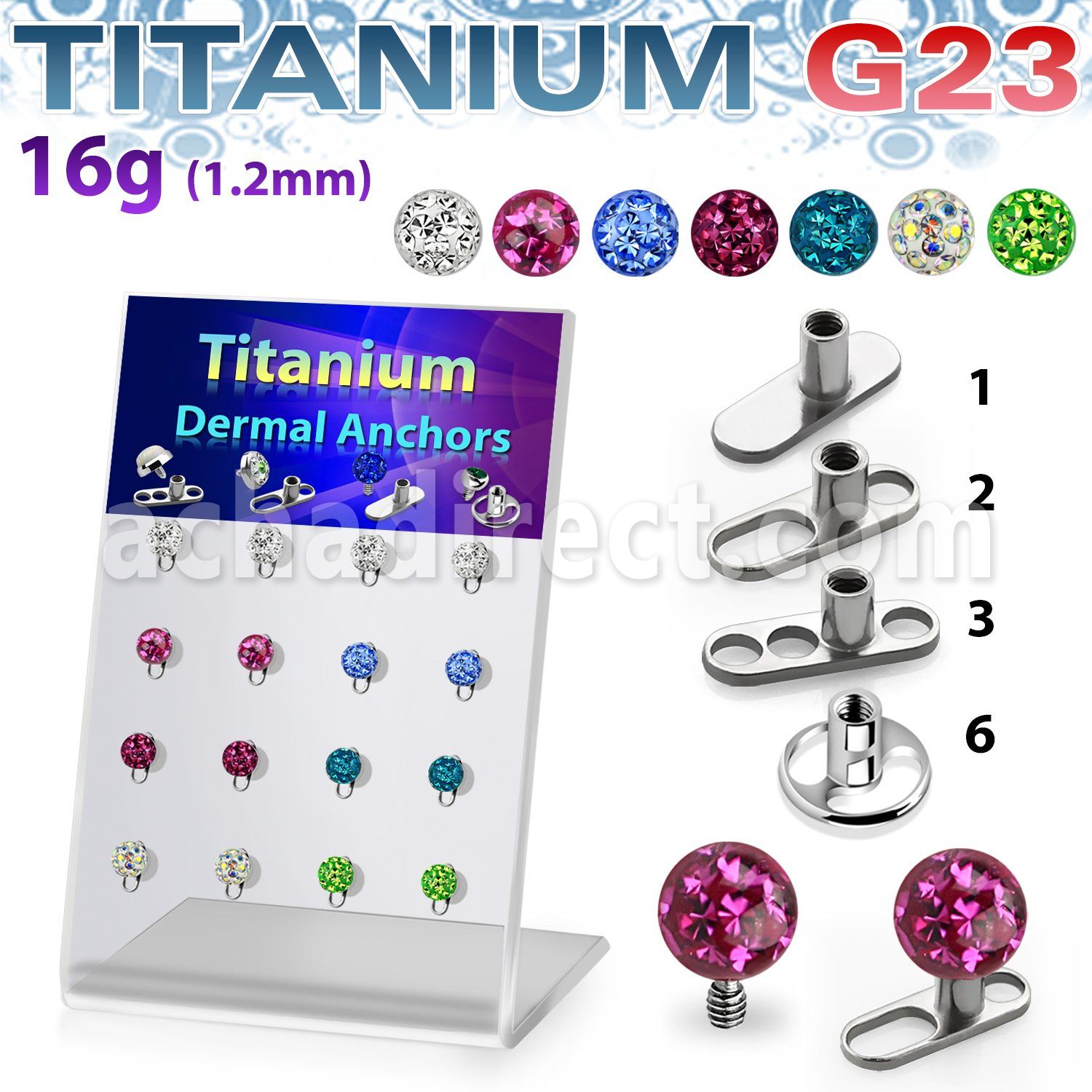 brtsa8 board w titanium g23 dermal anchors w multi crystal ball