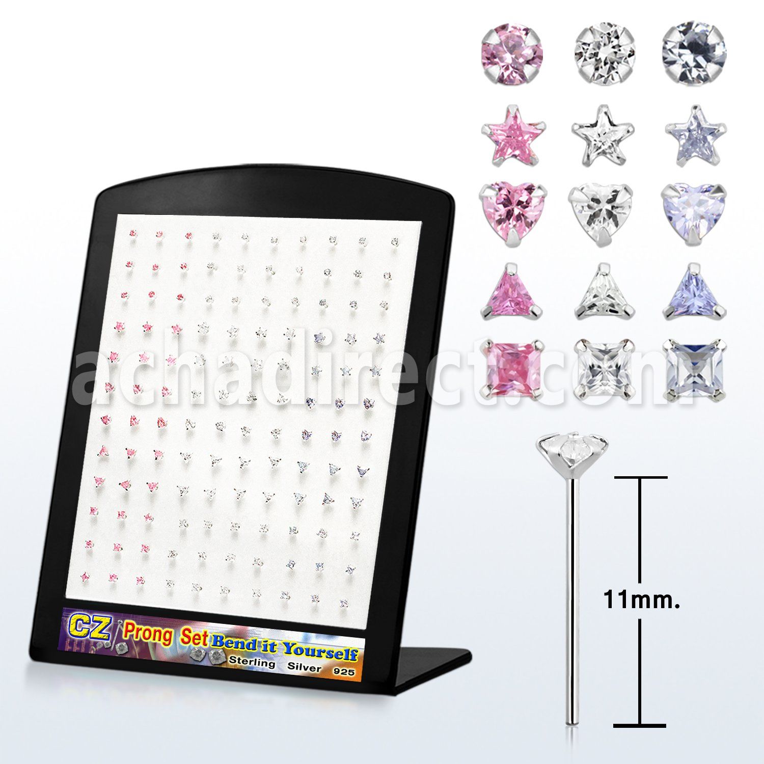 brzymm silver bend it urself nose stud w prong colored cz stone
