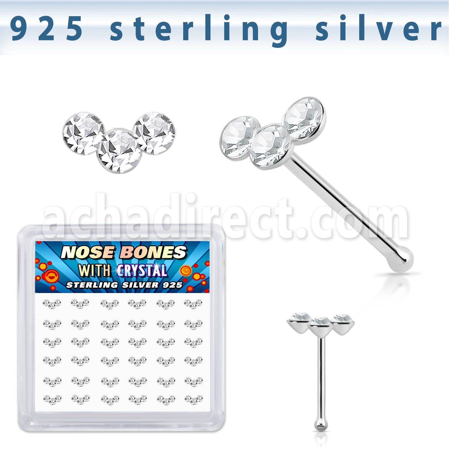 bxcubc36 silver nose bones 22g clear crystals curved 36