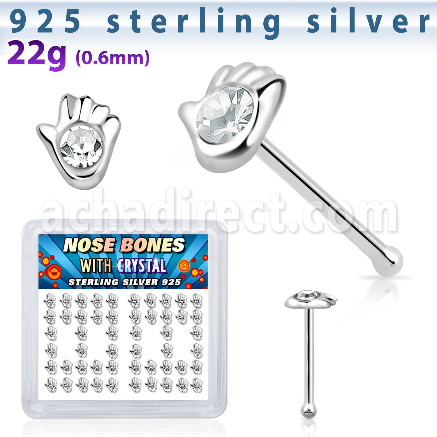 bxhdc box w 52 silver nose bones w hand shaped tops w crystals