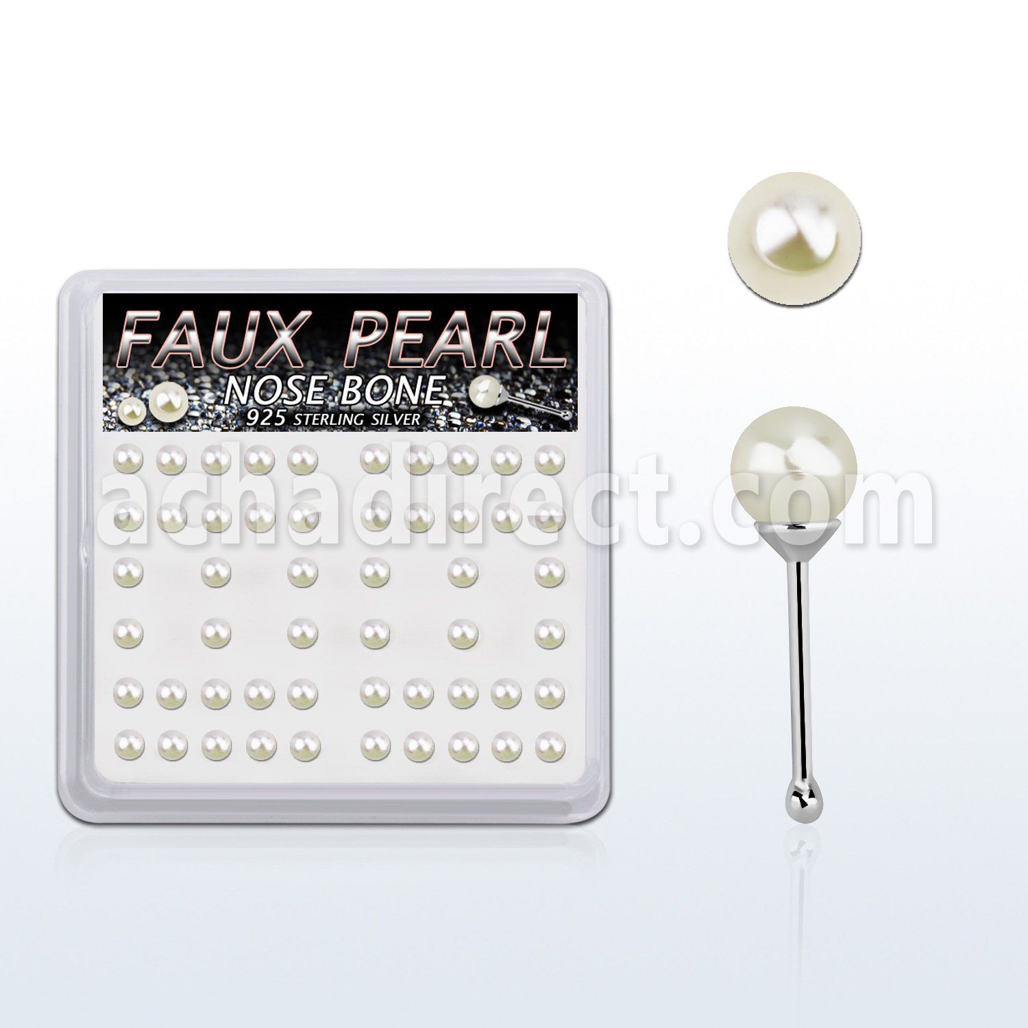 bxnbpr3 box w silver nose bones w 3mm faux pearl ball tops