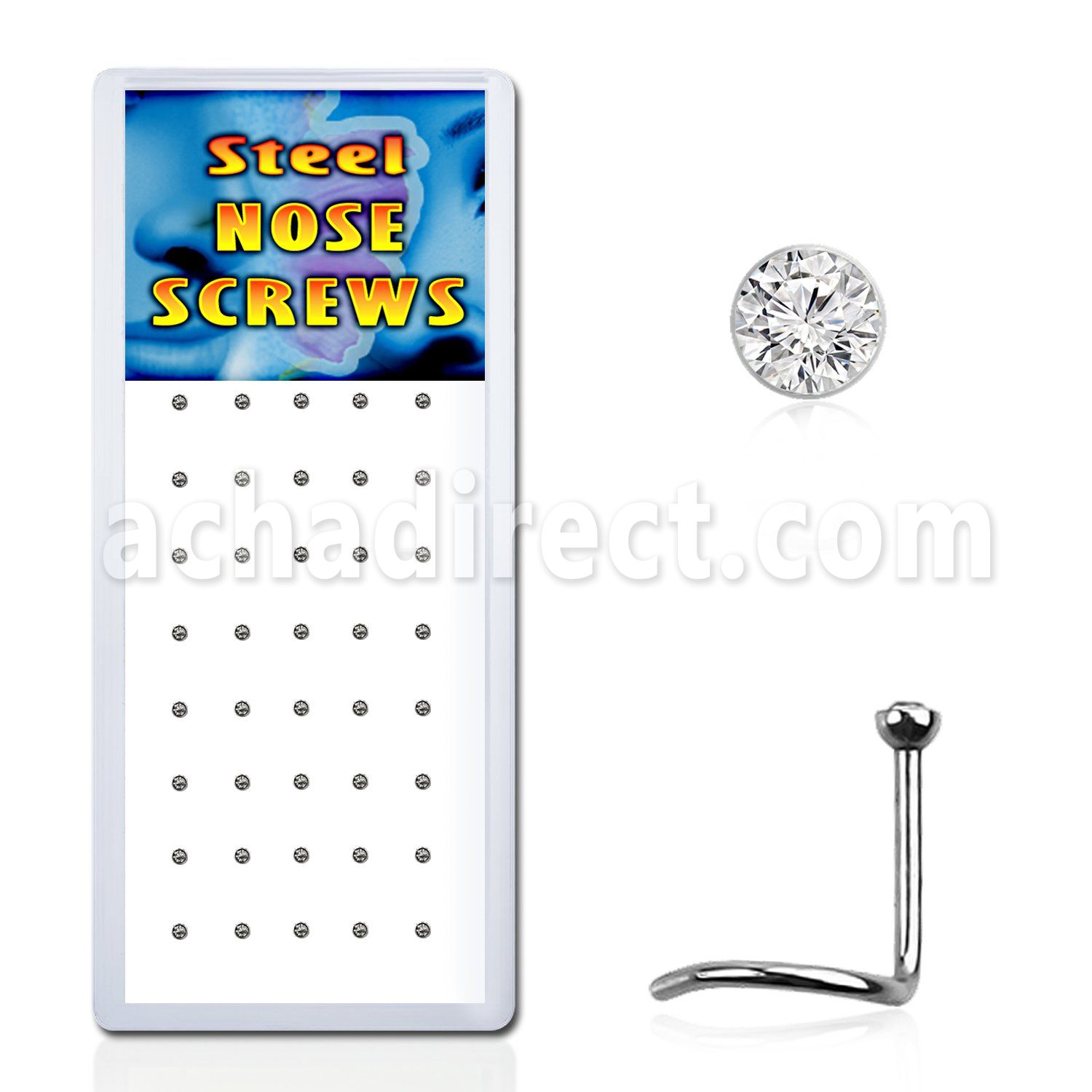 bxs102 316l steel nose screw with round clear crystal top