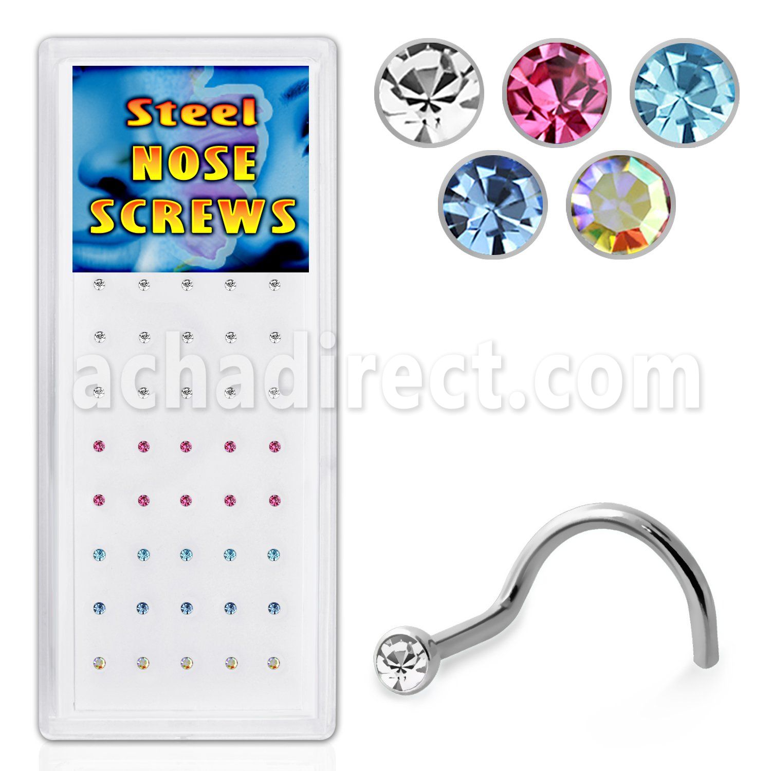 bxs103b 316l steel nose screw with colored crystal top