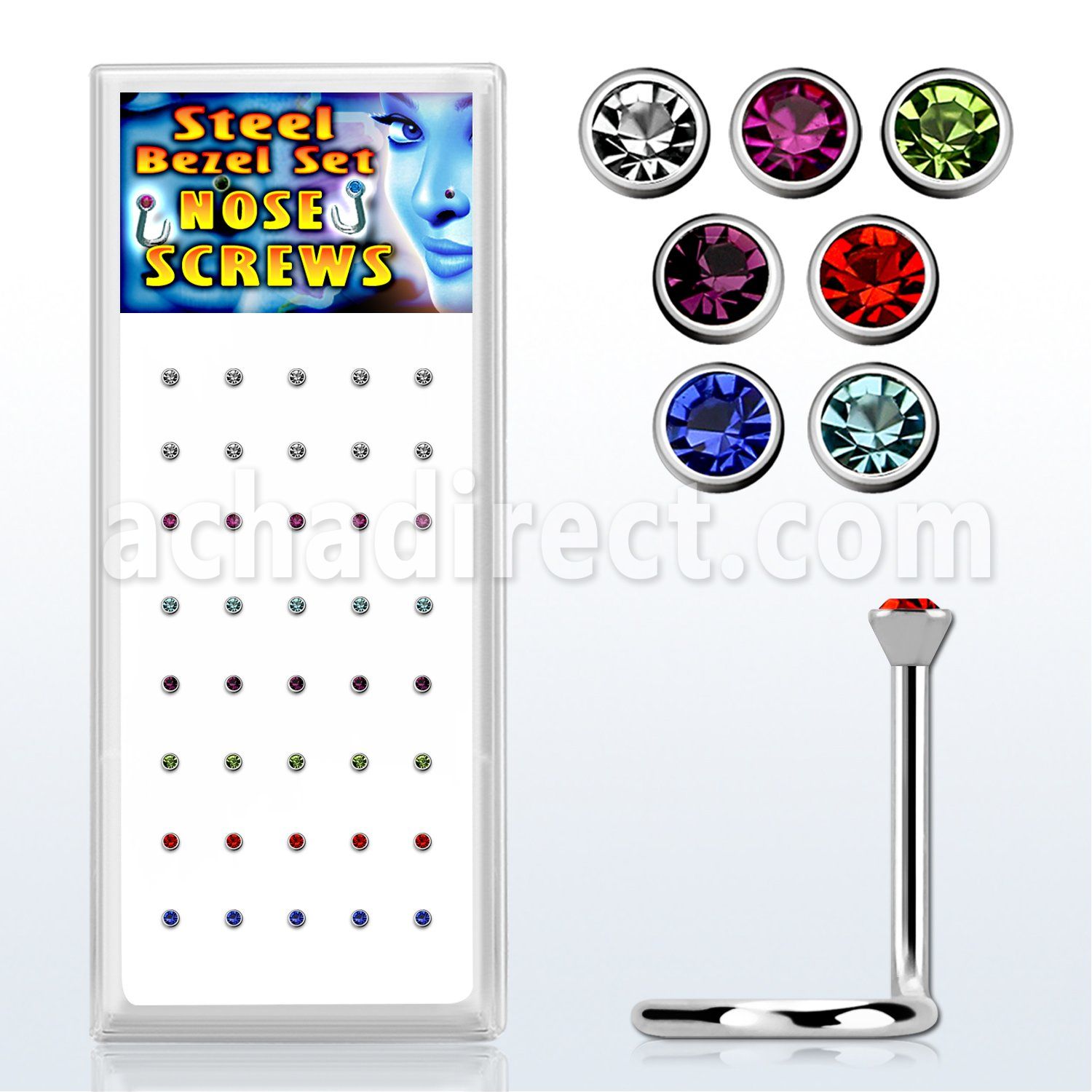 bxs106 box w 16l steel nose screws w 2.5mm bezel set crystals