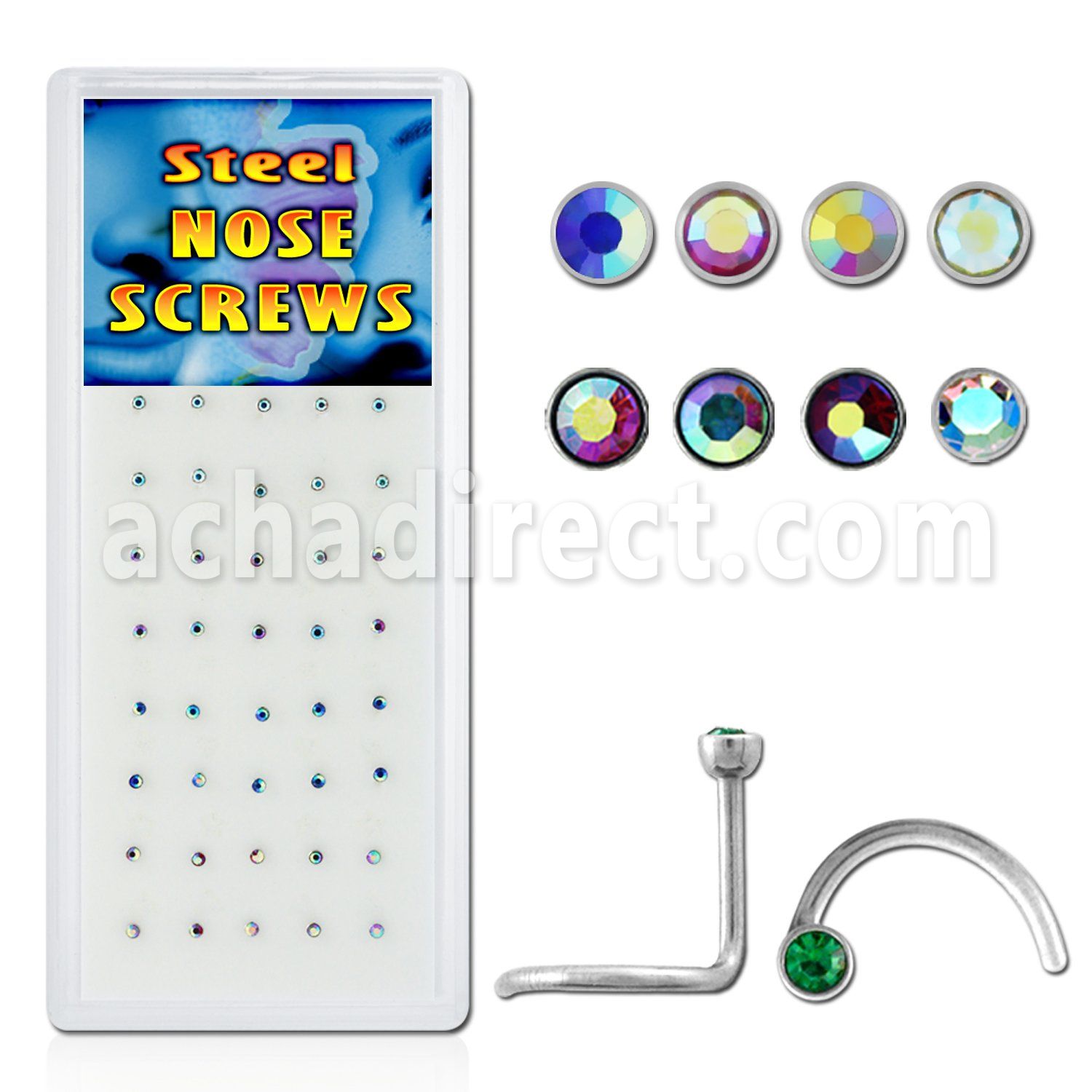 bxs107 316l steel nose screw w ab colored bezel crystal top