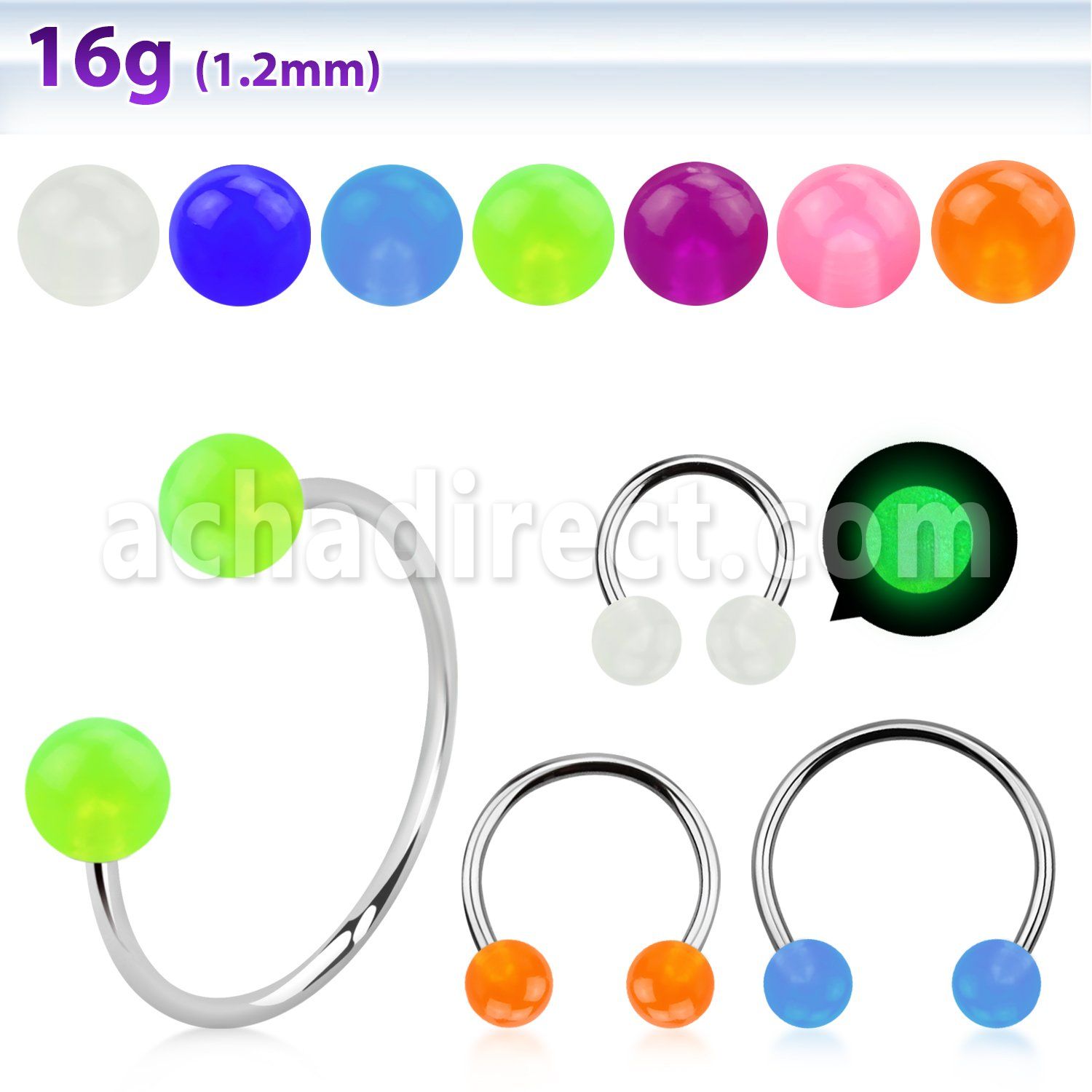 cbeglb4l xxl steel circular barbell 16g 4mm glow in the dark ball