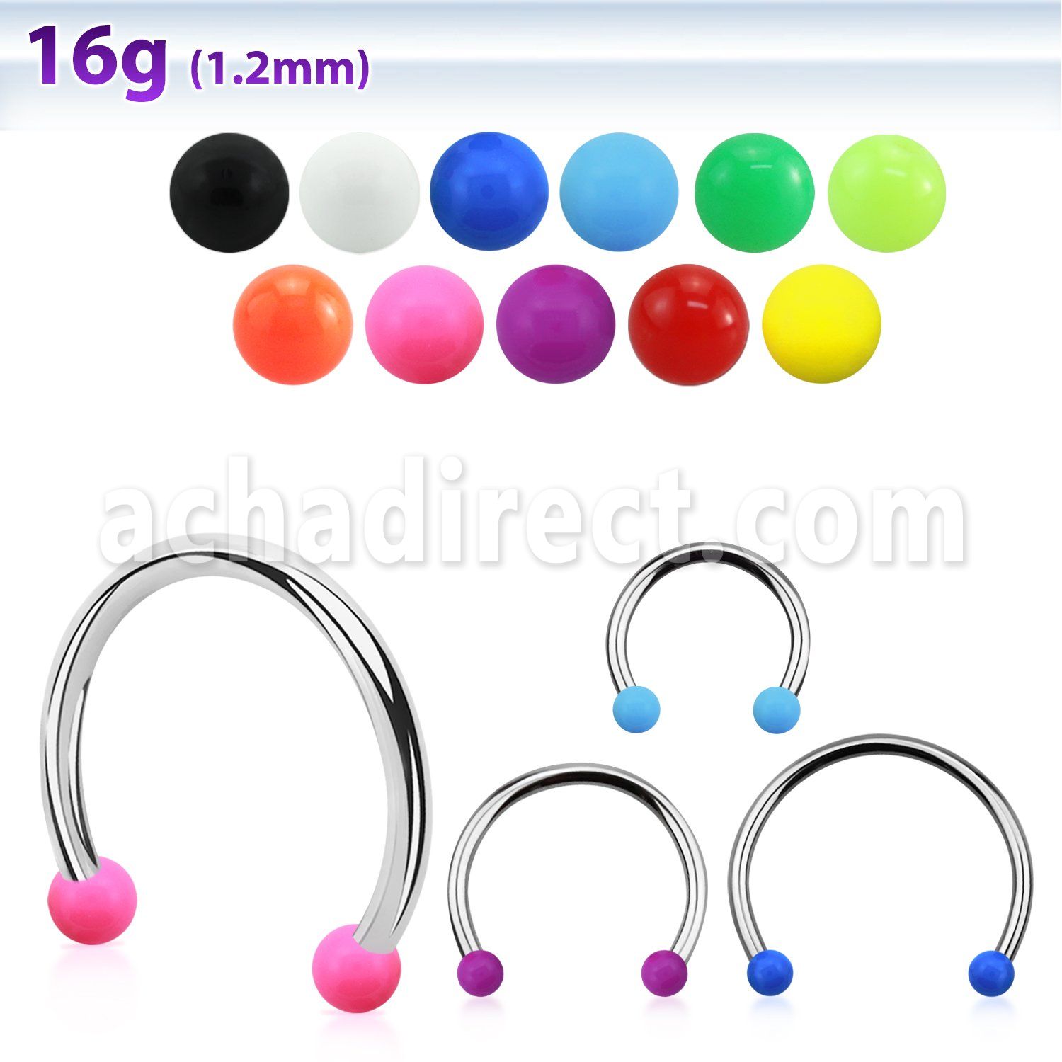 cbesabl xxl steel circular barbell, 16g w 3mm solid acrylic ball